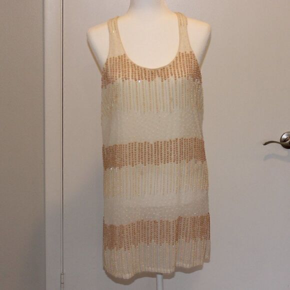 Parker Tan and White Silk Sequin Mini Dress Size Medium - Picture 1 of 10